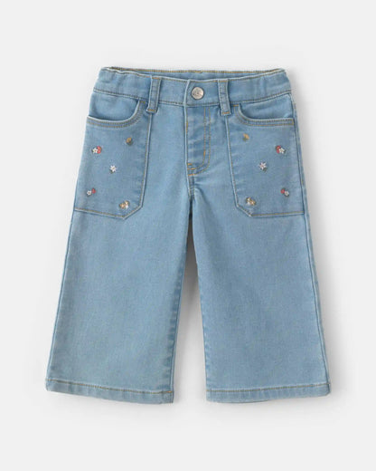 Baby Girl Floral Embroidered Wide-Leg Jeans - Light Wash