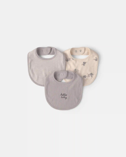 Baby 3-Pack 'Hello Baby' Bibs - Grey/Ivory