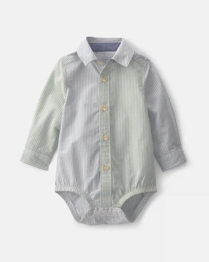 Baby Boy Poplin Long-Sleeve Button-Down Bodysuit - Blue/Green