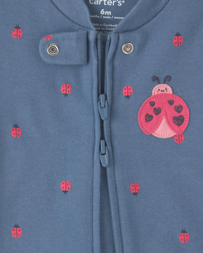 Baby Girl Ladybug 100% Cotton 2-Way Zip Sleep & Play Pajamas - Blue
