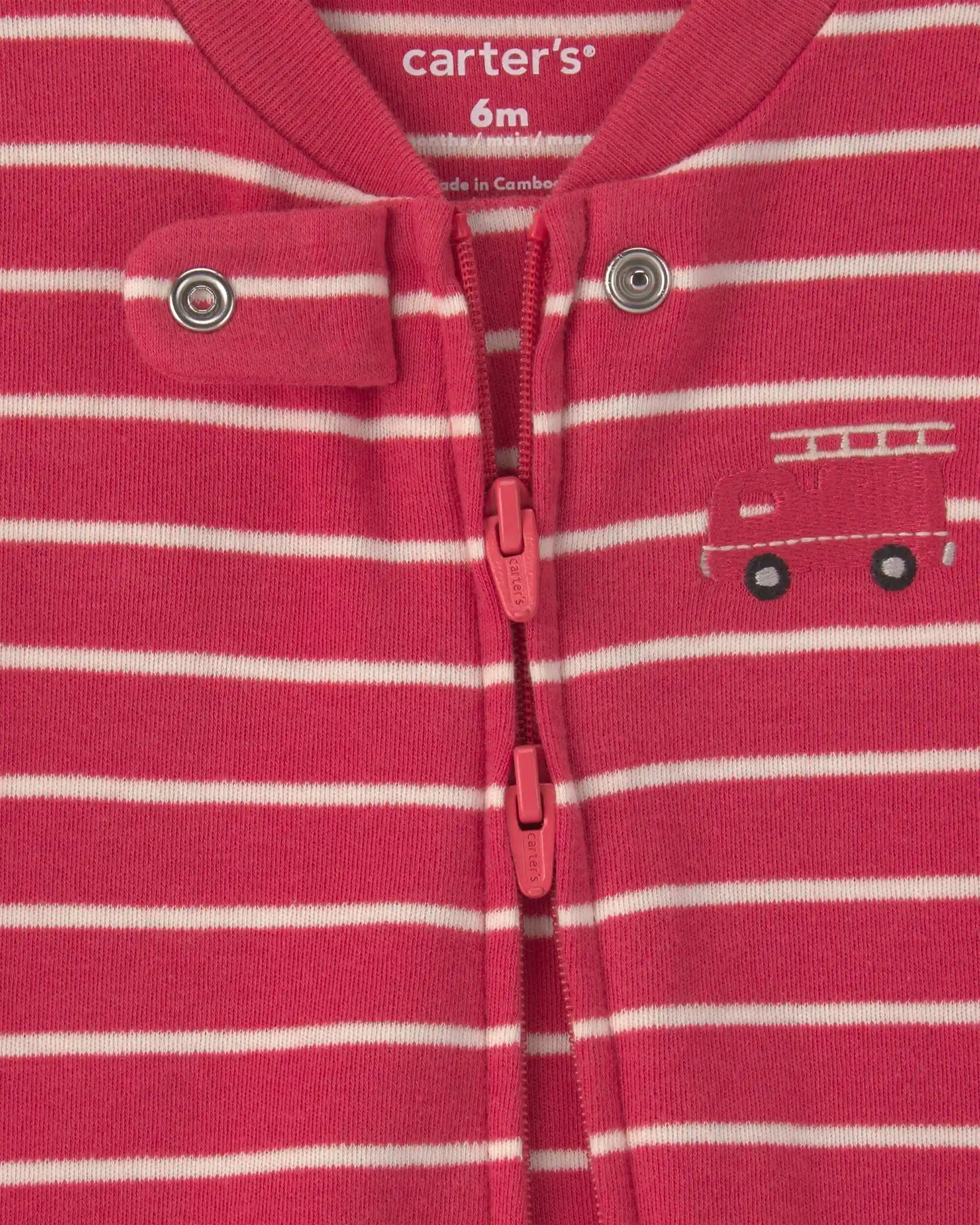 Baby Boy Firetruck Striped 100% Cotton 2-Way Zip Sleep & Play Pajamas - Red