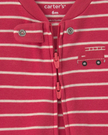 Baby Boy Firetruck Striped 100% Cotton 2-Way Zip Sleep & Play Pajamas - Red