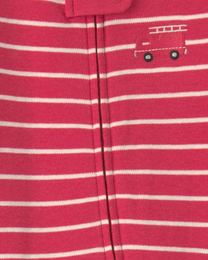 Baby Boy Firetruck Striped 100% Cotton 2-Way Zip Sleep & Play Pajamas - Red