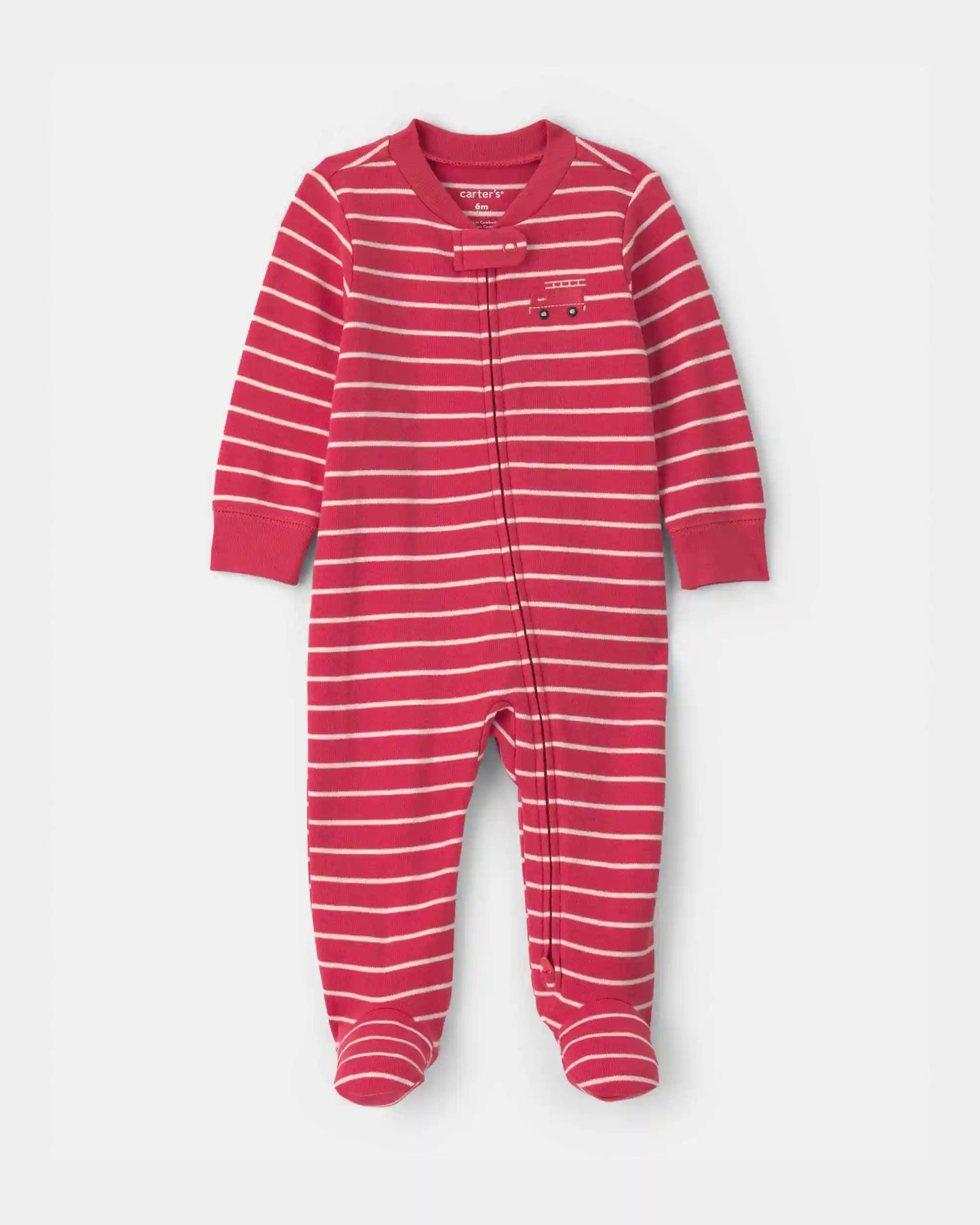 Baby Boy Firetruck Striped 100% Cotton 2-Way Zip Sleep & Play Pajamas - Red