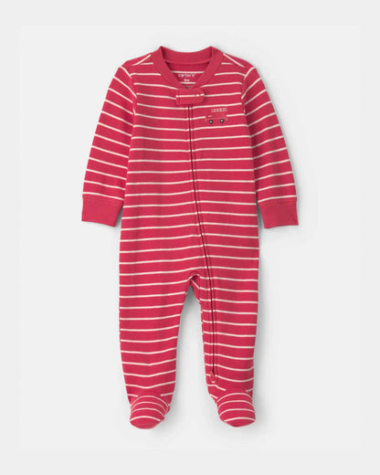 Baby Boy Firetruck Striped 100% Cotton 2-Way Zip Sleep & Play Pajamas - Red