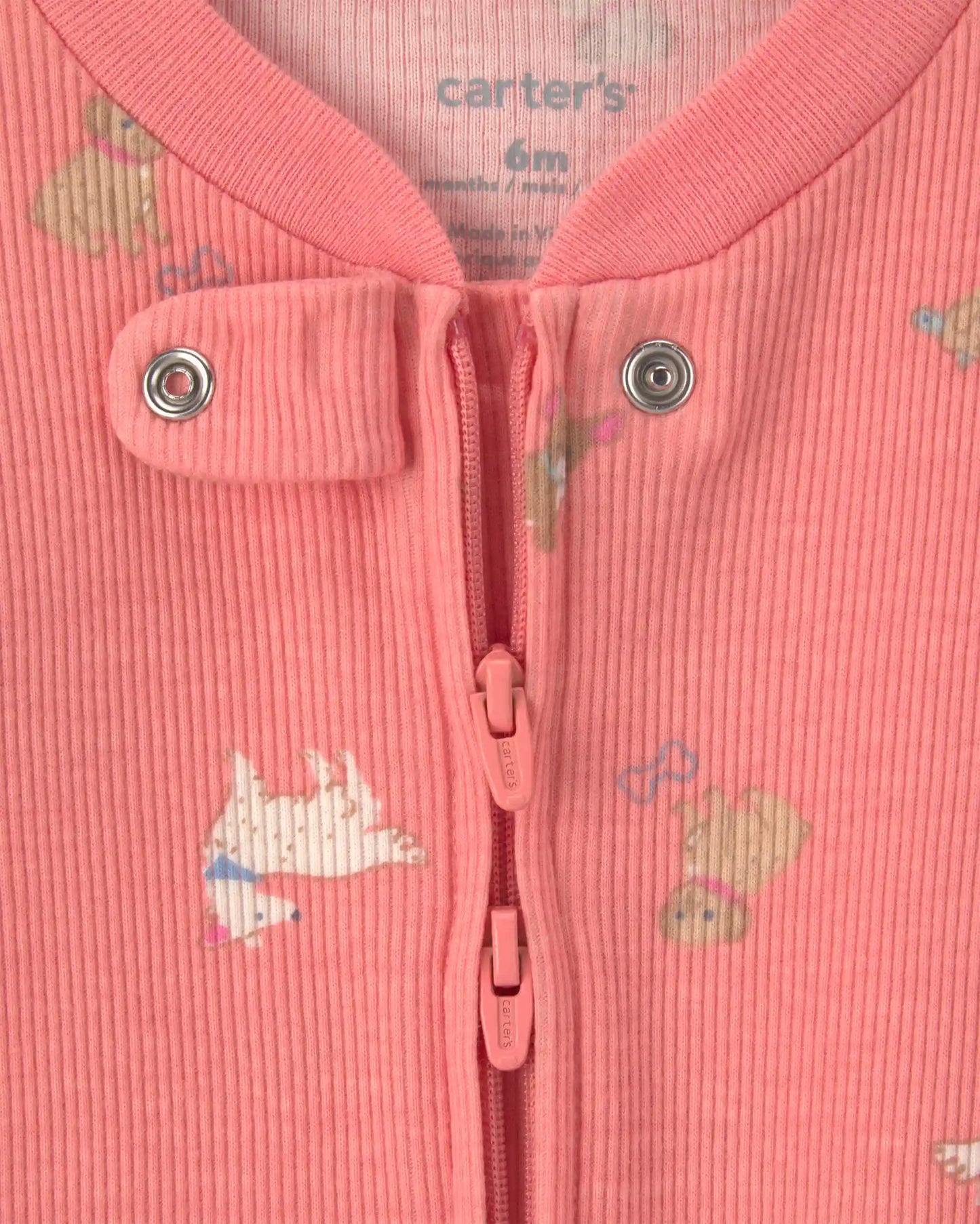 Baby Girl Dog Cotton 2-Way Zip Sleep & Play Pajamas - Coral