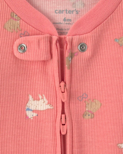 Baby Girl Dog Cotton 2-Way Zip Sleep & Play Pajamas - Coral