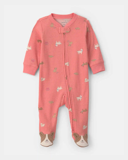 Baby Girl Dog Cotton 2-Way Zip Sleep & Play Pajamas - Coral