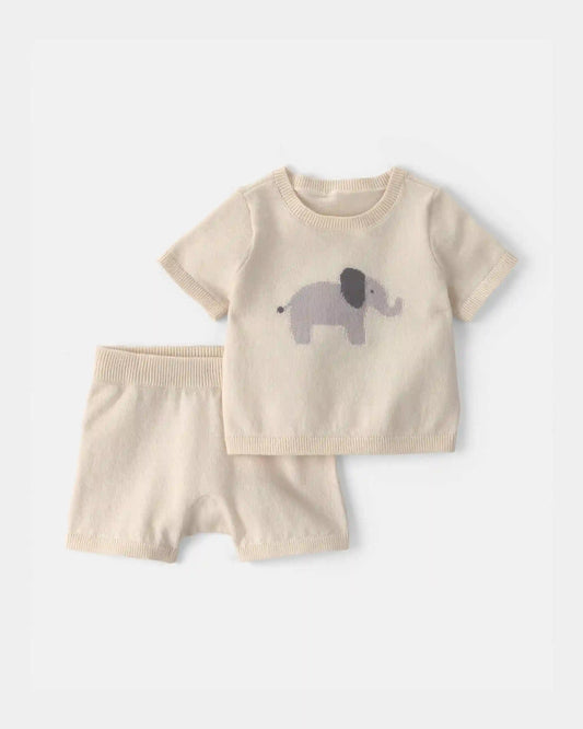Baby 2-Piece Elephant Short-Sleeve Sweater Top & Short Set - Ivory