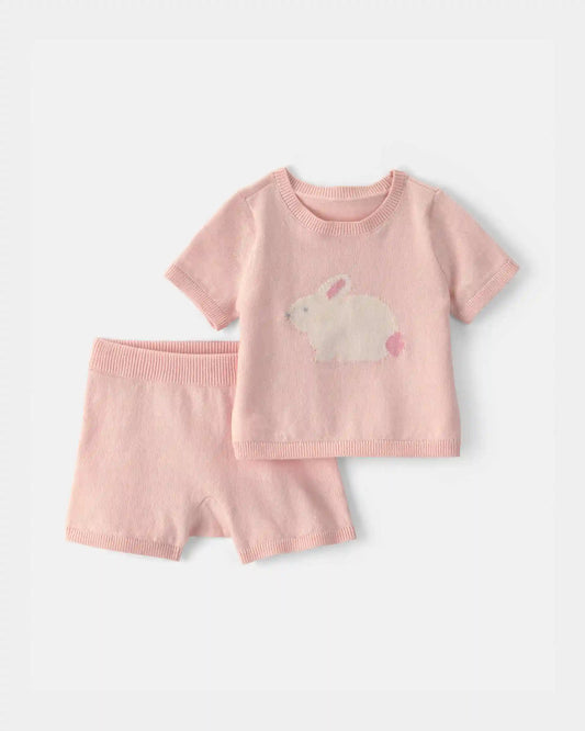 Baby Girl 2-Piece Bunny Short-Sleeve Sweater Top & Short Set - Pink