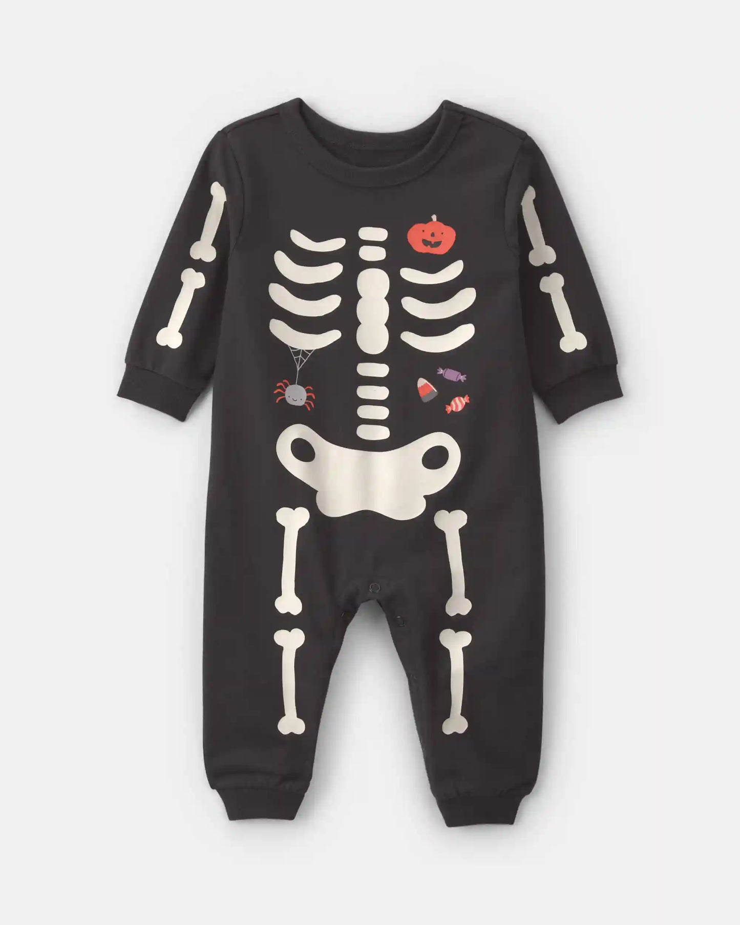 Baby Halloween Skeleton French Terry Long-Sleeve Jumpsuit - Charcoal