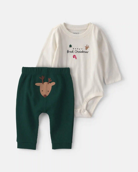 Baby 2-Piece 'Baby's First Christmas' Long-Sleeve Bodysuit & Pant Set - Ivory/Green