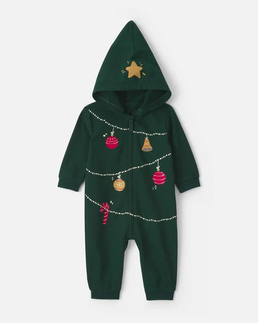 Baby Christmas Tree French Terry Long-Sleeve Jumpsuit - Green