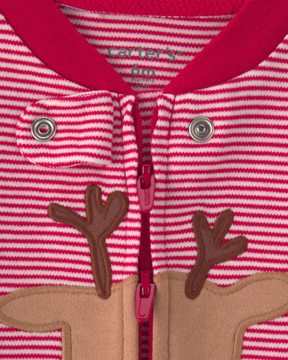 Baby Reindeer 100% Cotton 2-Way Zip Sleep & Play Pajamas - Red