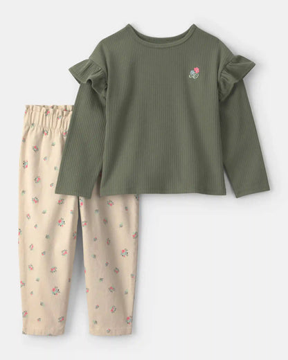 Baby Girl 2-Piece Floral Twill Long-Sleeve Top & Pant Set - Green/Cream