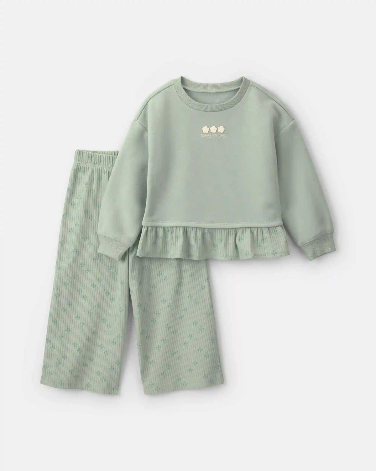 Baby Girl 2-Piece Flower Fleece Long-Sleeve Top & Pant Set - Green