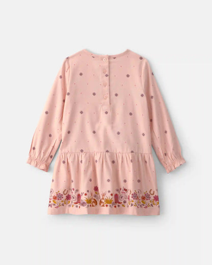 Baby Girl Floral Twill Long-Sleeve Dress - Pink