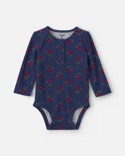 Baby Girl Floral Long-Sleeve Bodysuit - Navy Blue
