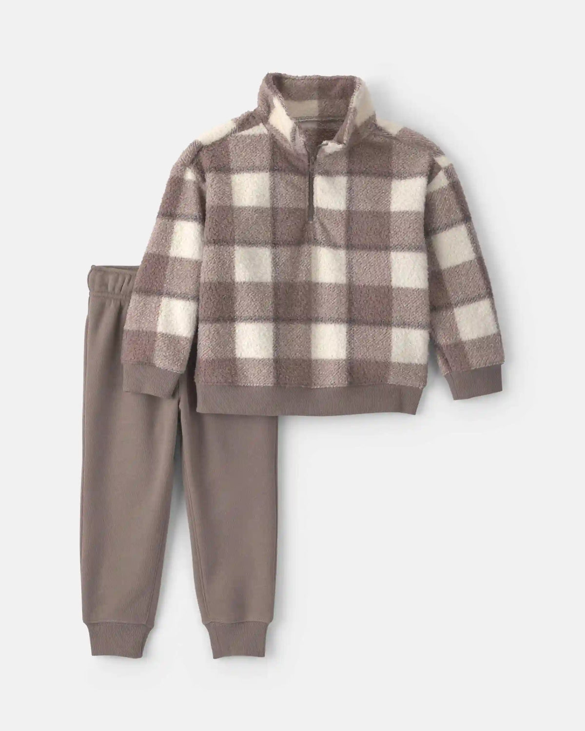 Baby Boy 2-Piece Checkered Teddy Fleece Pullover & Pant Set - Grey/White