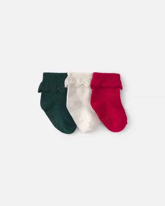 Baby Girl 3-Pack Christmas Foldover Ruffle Bootie - Green/Cream/Red