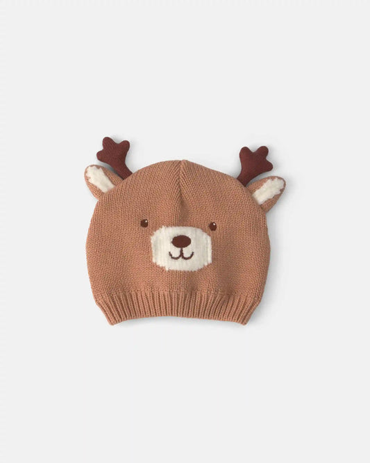 Baby Reindeer Christmas Knit Hat - Brown