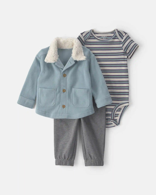 Baby Boy 3-Piece Striped Fleece Layering Set - Blue
