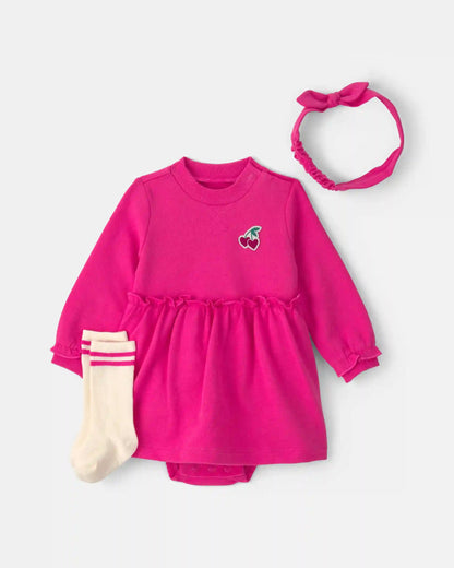 Baby Girl 3-Piece Cherry French Terry Long-Sleeve Dress Set - Pink