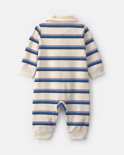 Baby Boy Striped French Terry Long-Sleeve Jumpsuit - Blue/Cream
