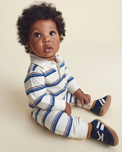 Baby Boy Striped French Terry Long-Sleeve Jumpsuit - Blue/Cream