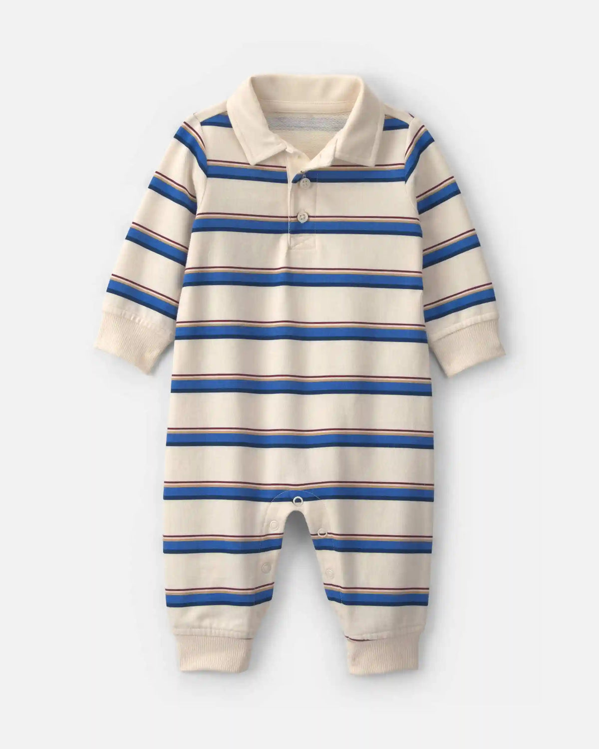 Baby Boy Striped French Terry Long-Sleeve Jumpsuit - Blue/Cream