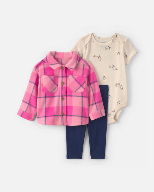 Baby Girl 3-Piece Buffalo Check Fleece Layering Set - Pink