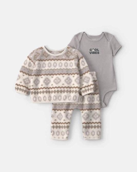 Baby Boy 3-Piece Fair Isle Fleece Layering Set - Cream/Grey