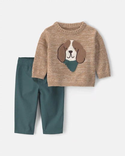 Baby Boy 2-Piece Dog Sweater Top & Pant Set - Brown/Green