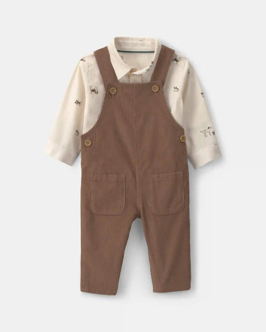 Baby Boy 2-Piece Twill Long-Sleeve Overall Set - Brown