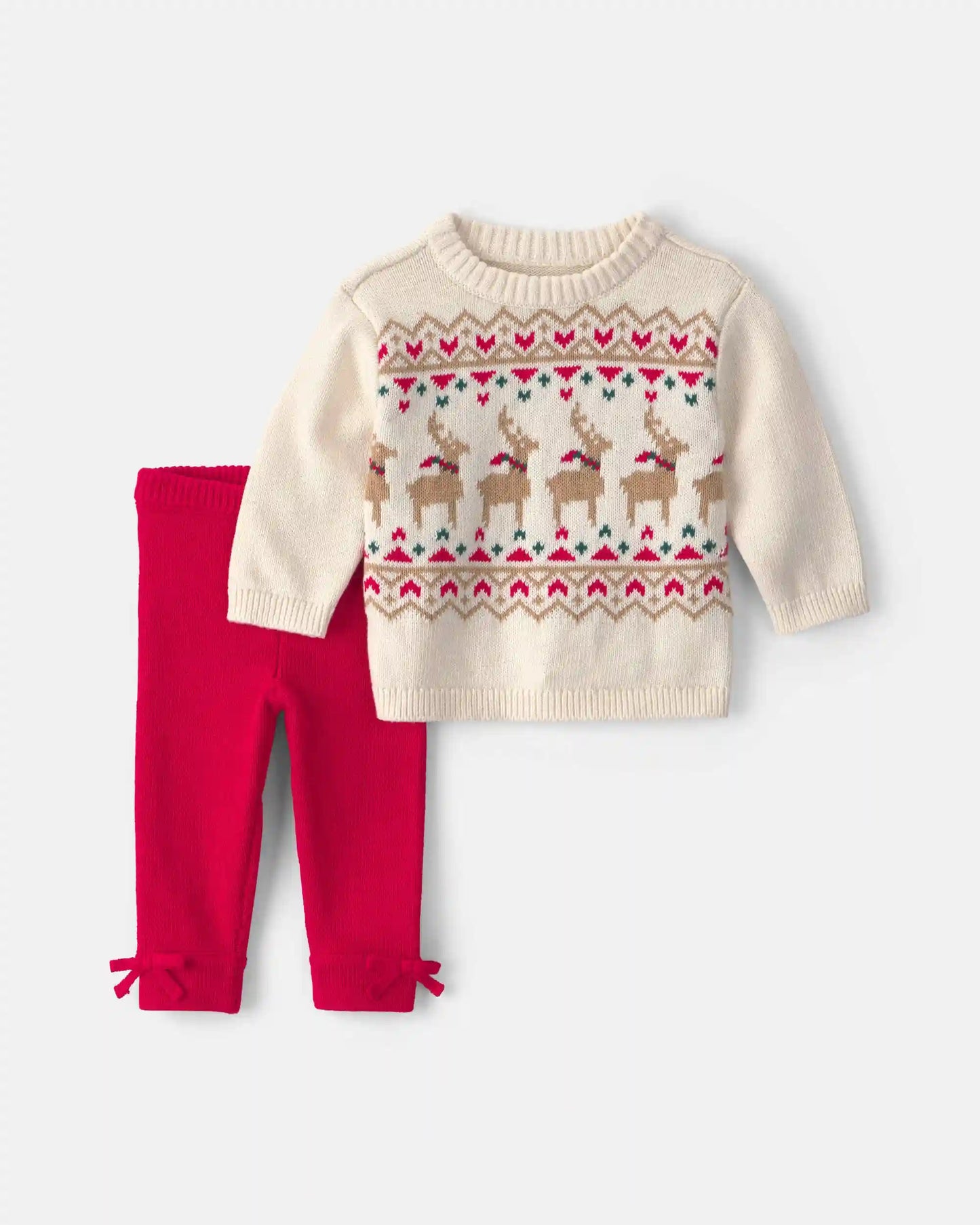 Baby Girl 2-Piece Reindeer Fair Isle Long-Sleeve Top & Pant Set - Red/Cream