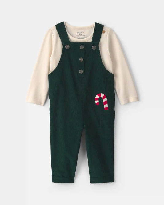 Baby Boy 2-Piece Candy Cane Corduroy Long-Sleeve Overall Set - Green/Cream