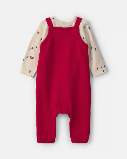 Baby Boy 2-Piece Reindeer Long-Sleeve Sweater Overall Set - Red/Cream