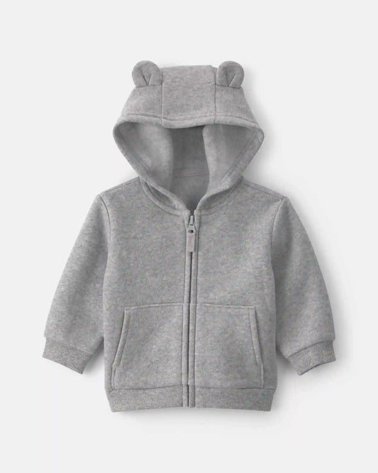Baby Boy Bear Fleece Zip-Up Hoodie - Grey