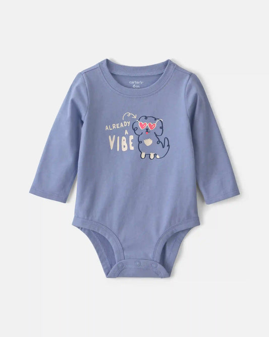 Baby Girl 'Already A Vibe' Dog Long-Sleeve Graphic Bodysuit - Blue