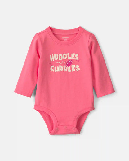 Baby Girl 'Huddles And Cuddles' Football Long-Sleeve Graphic Bodysuit - Coral