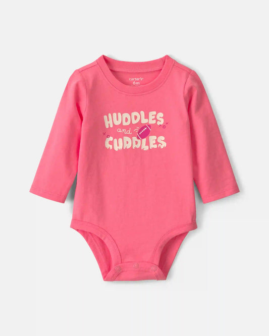 Baby Girl 'Huddles And Cuddles' Football Long-Sleeve Graphic Bodysuit - Coral