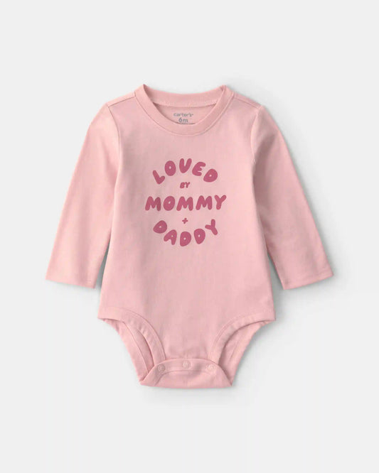 Baby Girl 'Loved By Mommy & Daddy' Long-Sleeve Graphic Bodysuit - Pink