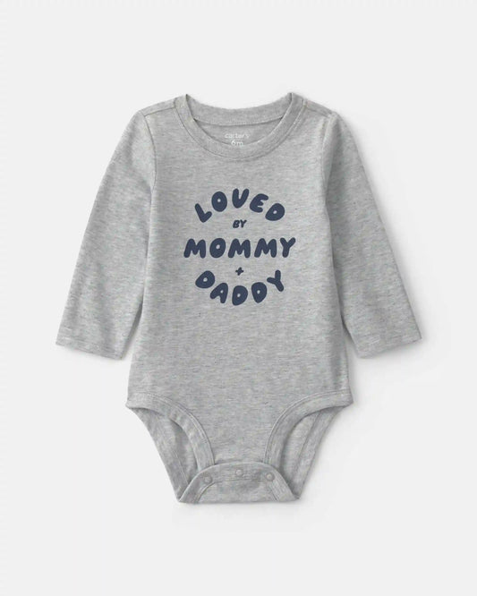 Baby Boy 'Loved By Mommy & Daddy' Long-Sleeve Graphic Bodysuit - Grey