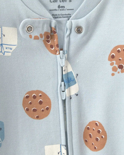 Baby Boy Milk & Cookies 100% Cotton 2-Way Zip Sleep & Play Pajamas - Blue
