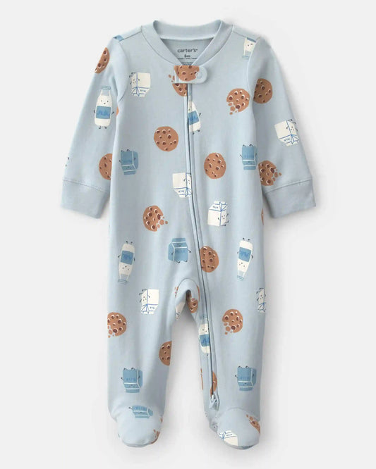Baby Boy Milk & Cookies 100% Cotton 2-Way Zip Sleep & Play Pajamas - Blue