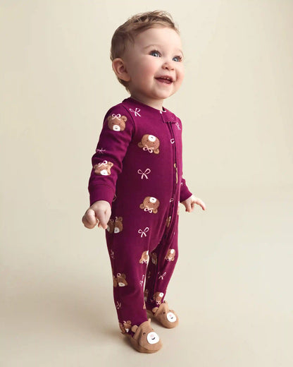 Baby Girl Bear 100% Cotton 2-Way Zip Sleep & Play Pajamas - Purple