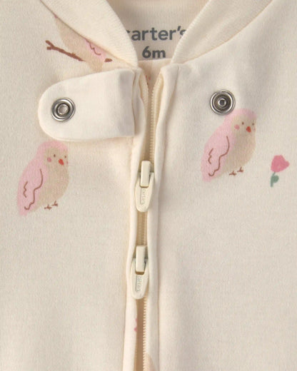 Baby Girl Owl 100% Cotton 2-Way Zip Sleep & Play Pajamas - Cream