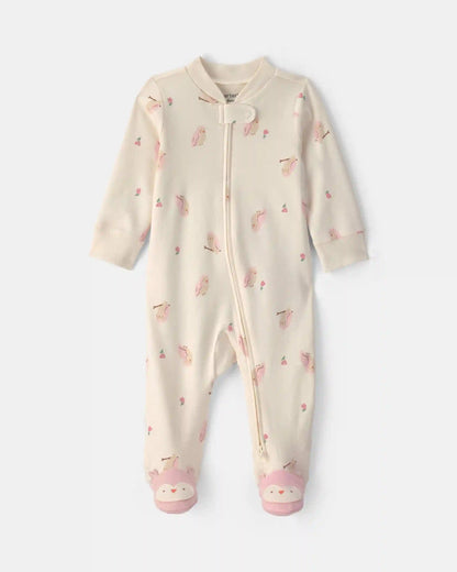 Baby Girl Owl 100% Cotton 2-Way Zip Sleep & Play Pajamas - Cream
