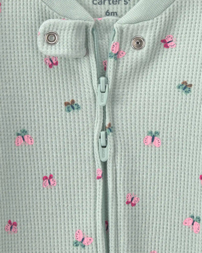 Baby Girl Butterfly Cotton 2-Way Zip Thermal Sleep & Play Pajamas - Green