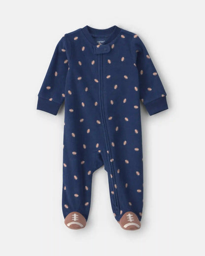 Baby Boy Football Fleece 2-Way Zip Sleep & Play Pajamas - Navy Blue